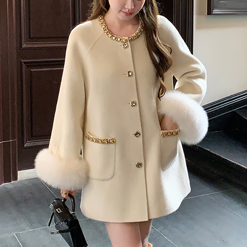 千金风手工钻领毛呢大衣秋冬外套