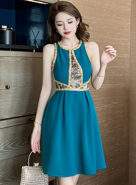 重工镶钻钉珠蕾丝拼接连衣裙绿色无袖法式气质小个子宫廷风a字裙