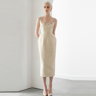 名媛气质主持人晚宴年会礼服中长裙刺绣花吊带修身 显瘦包臀连衣裙