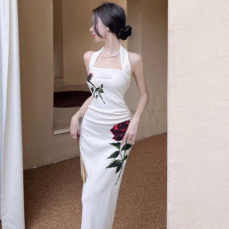 名媛玫瑰印花性感挂脖露背礼服女