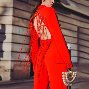 欧美时尚重工拼接收腰西装大露背镂空流苏装饰红色西服名媛外套女