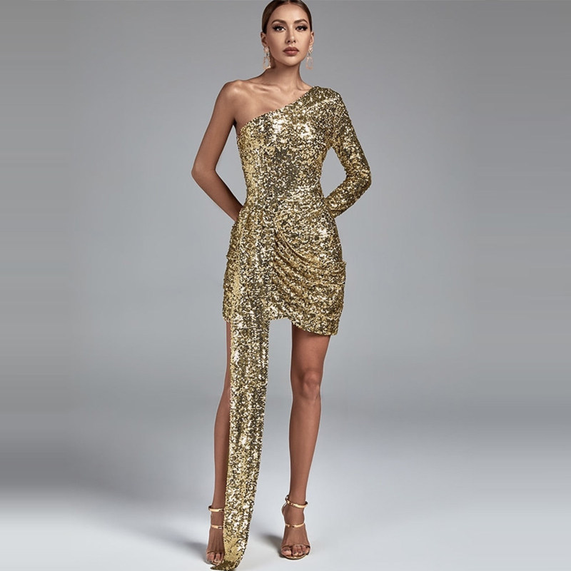 欧美性感单肩修身包臀拖尾连衣裙闪闪亮片生日晚宴聚会主持人礼服