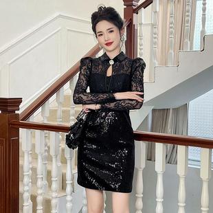赫本风连衣裙黑色高级感秋冬女新款法式小个子蕾丝亮片小黑裙礼服