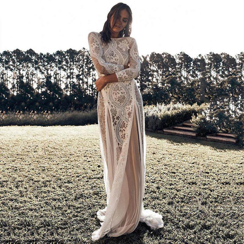 欧美风女装连衣裙V领镂空露背蕾丝拼接长裙名媛宴会婚纱礼服裙子