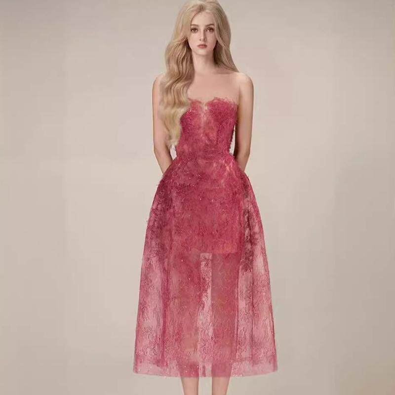 越南小众纯欲风性感裹胸蕾丝晚礼服收腰显瘦钉珠亮片中长款连衣裙