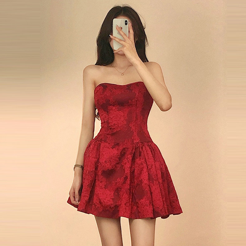 酒红色刺绣蕾丝高腰蓬蓬裙晚宴聚会小礼服夜店性感裹胸露背连衣裙
