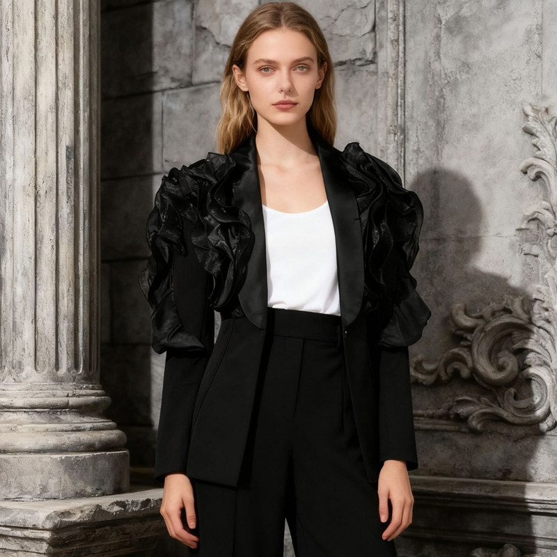 高级感黑色西装外套女夸张荷叶边垫肩修身显瘦反叛名媛穿搭小西服