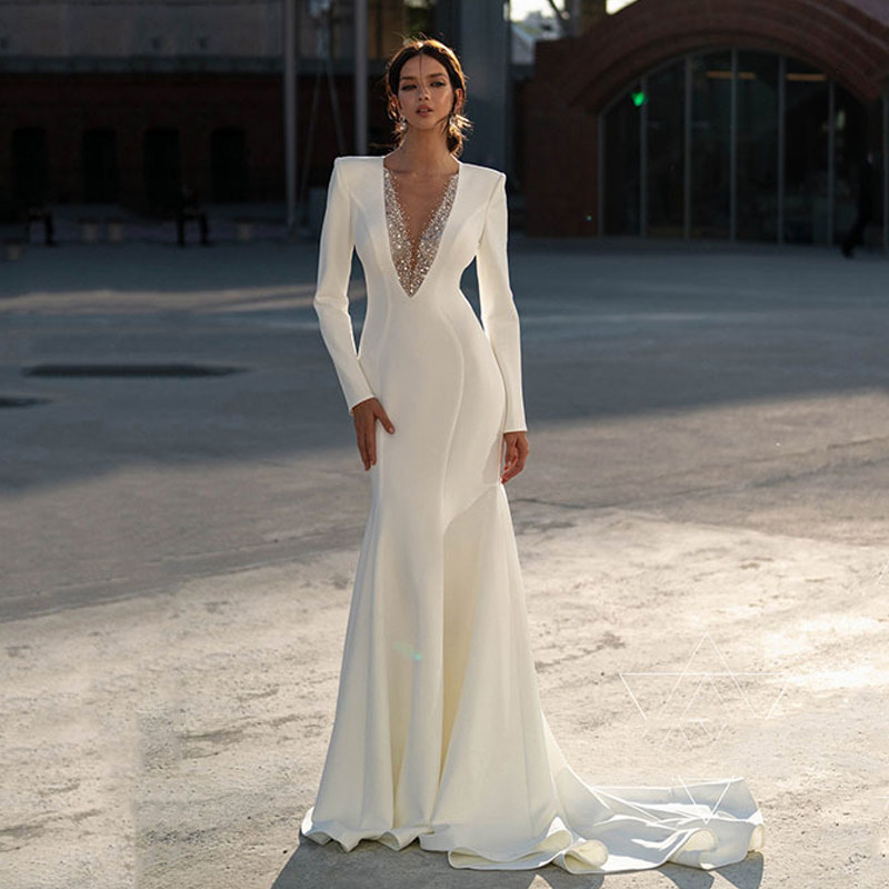 名媛气质白色长裙主持人晚宴聚会礼服性感V领钉珠镶钻鱼尾连衣裙