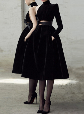 赫本风收腰显瘦小黑裙晚宴聚会主持人礼服丝绒高领挂脖斜肩连衣裙