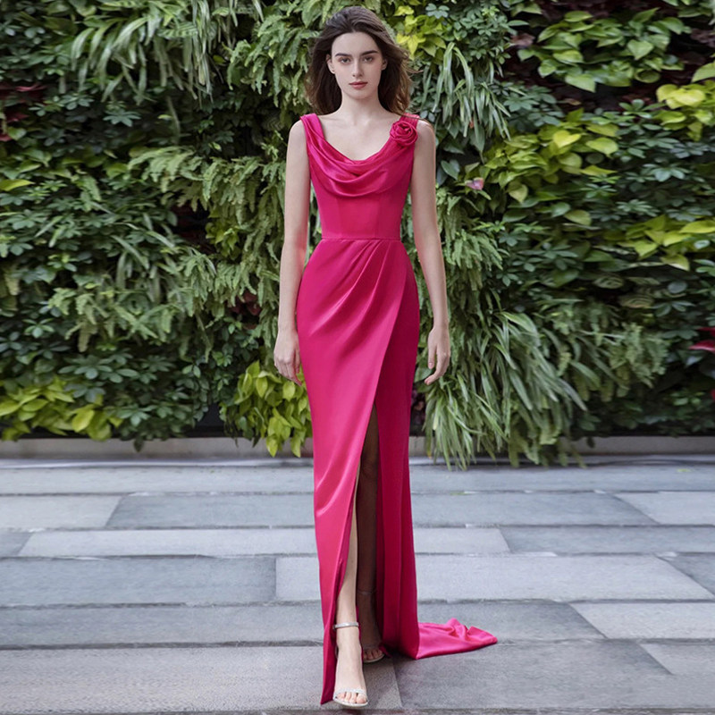 欧美风时尚性感无袖吊带开叉连衣裙长款拖地晚宴年会玫红色礼服女