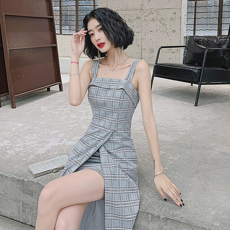 法式复古格子抹胸背心吊带裙小礼服女收腰显瘦性感露背无袖连衣裙