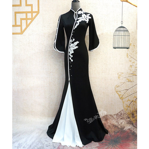 喜朵坊名媛形体礼仪新款连衣长裙黑白拼接服旗袍创意设计女装定制