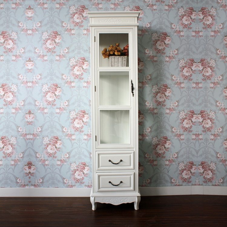 韩式田园白色雕花 展示柜储物柜三面玻璃 酒柜单门陈列高柜书柜