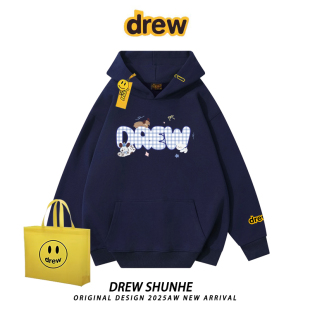 drew格子字母卡通可爱小狗连帽卫衣美式 街头BF风男女情侣外套上衣