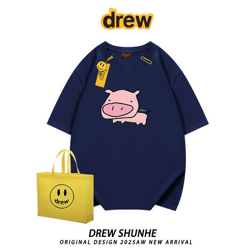 drew趣味小粉猪纯棉宽松T恤半袖