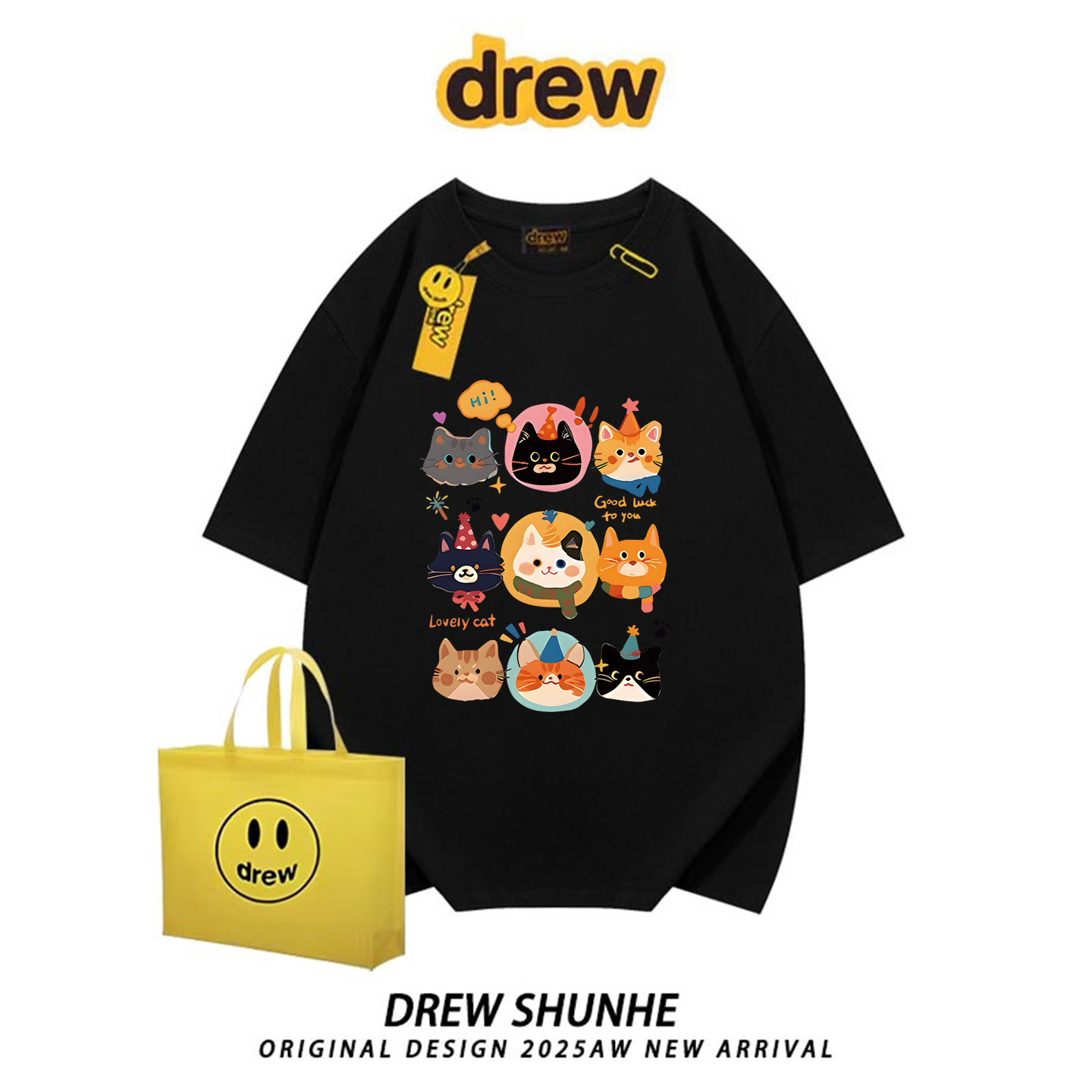 drew潮牌趣味猫咪宽松短袖T恤女图片