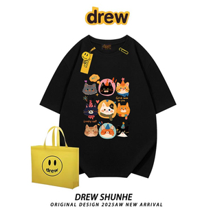 街头男女宽松百搭情侣半袖 drew潮牌卡通猫咪印花纯棉短袖 T恤美式