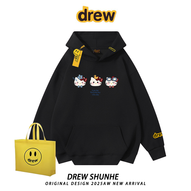 drew潮牌Kitty猫印花连帽卫衣美式街头原宿风男女情侣加绒外套ins