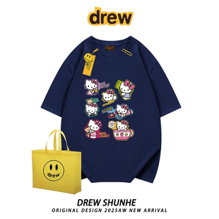 drew美式潮牌KT猫卡通涂鸦印花短袖t恤男女街头宽松情侣上衣INS夏