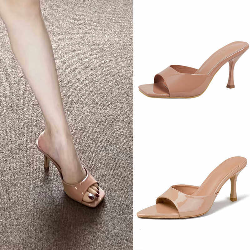 细跟凉拖鞋裸色高跟鞋漆皮