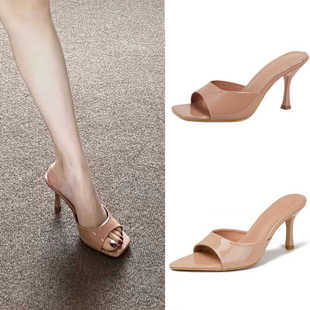 方头高跟鞋 拖鞋 女细跟2025新款 百搭凉鞋 女外穿 夏季 漆皮裸色凉拖鞋