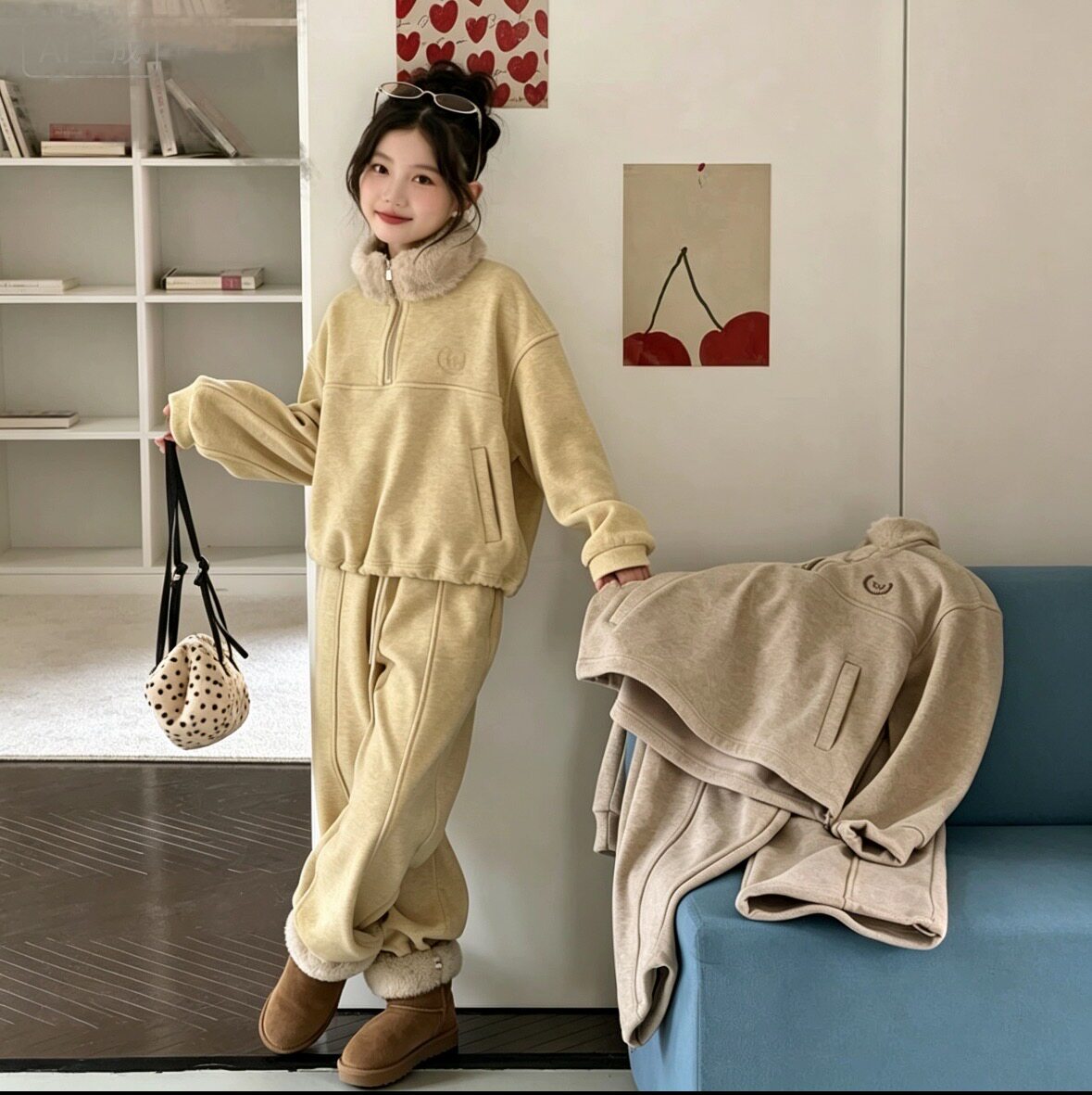 韩系女童加绒套装2026秋冬季新款儿童冬装毛领上衣休闲卫裤两件套