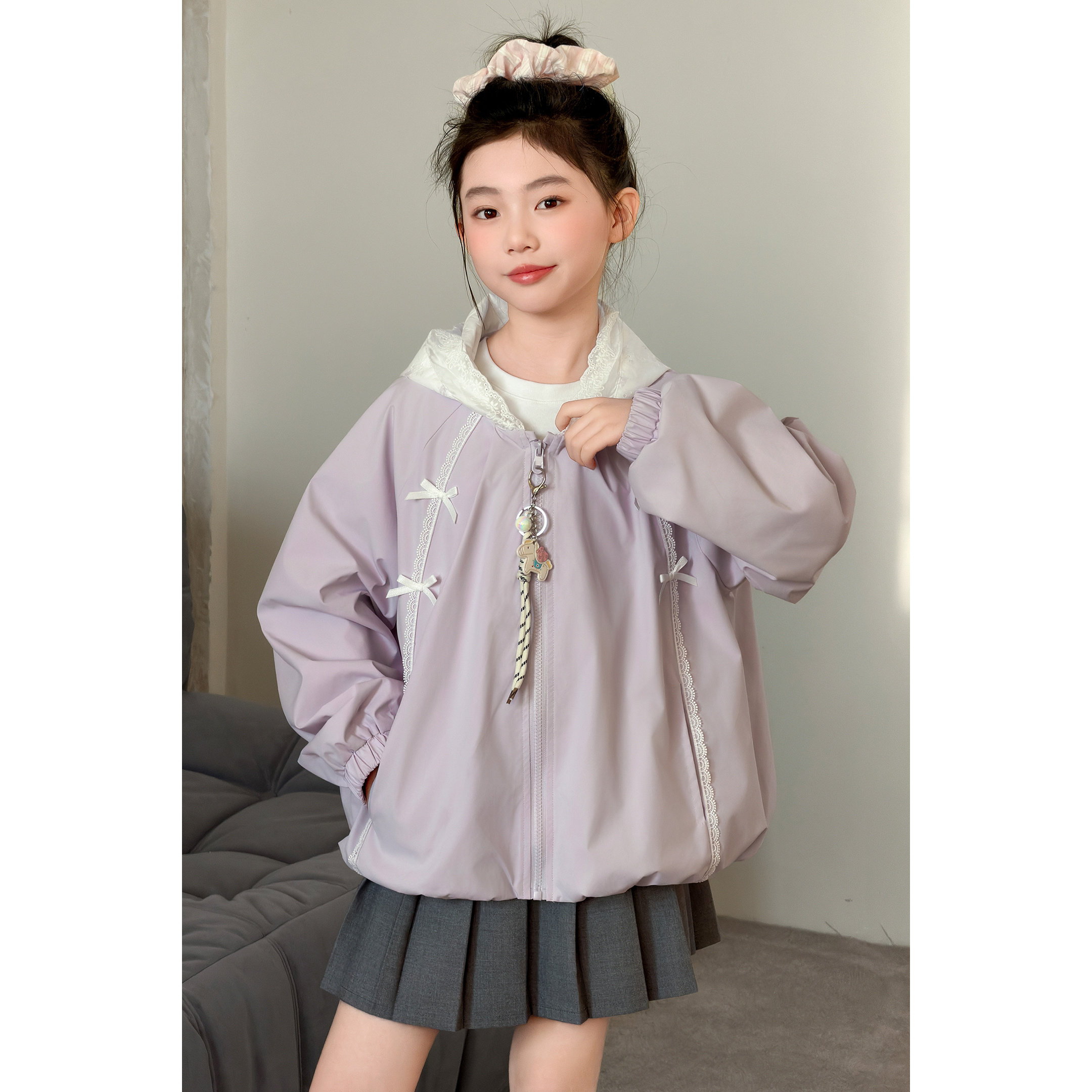 女童蕾丝花边甜美薄外套秋装2026新款女孩大童洋气百搭连帽夹克衫