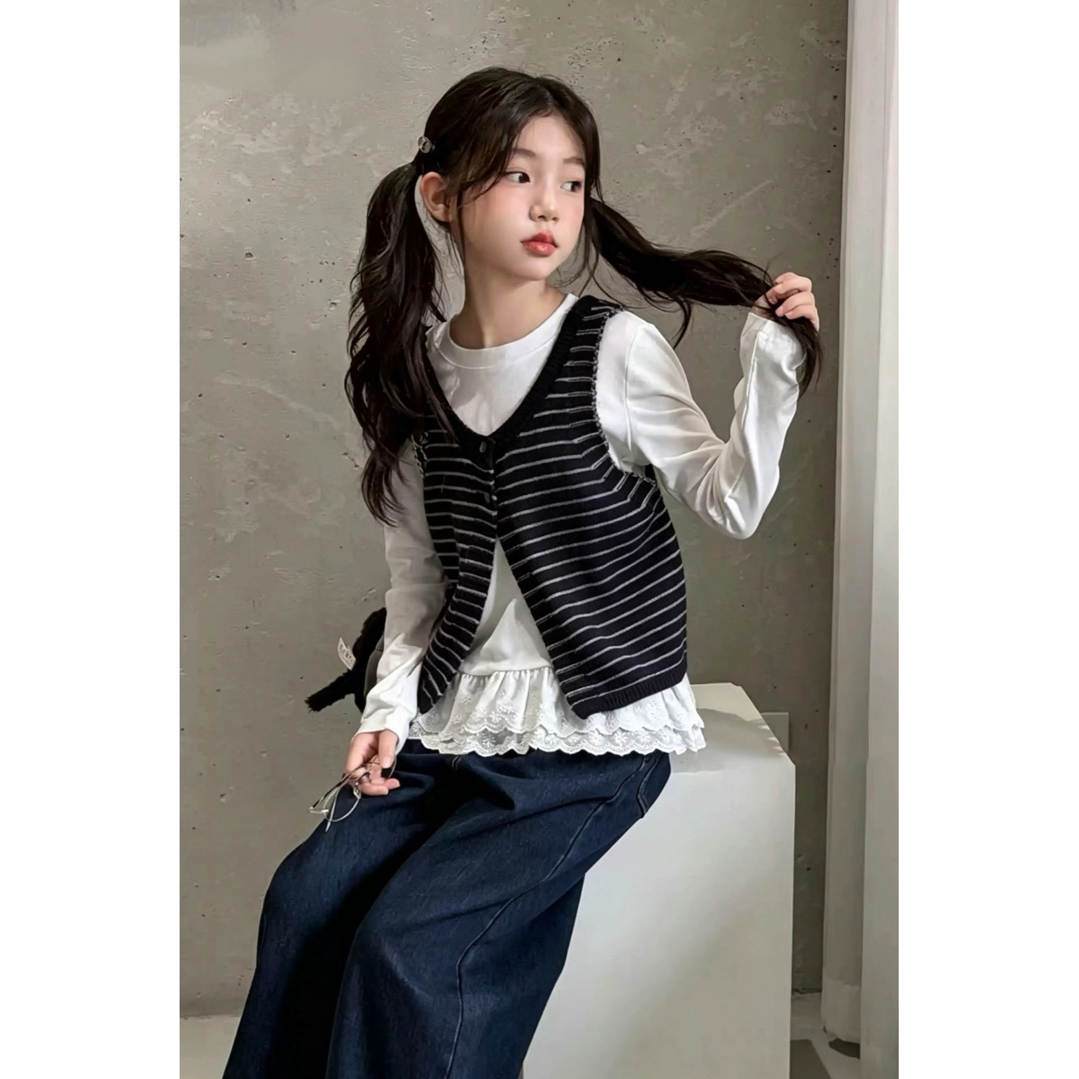 韩系女童条纹针织马甲套装2026秋季新款儿童秋装花边打底衫两件套