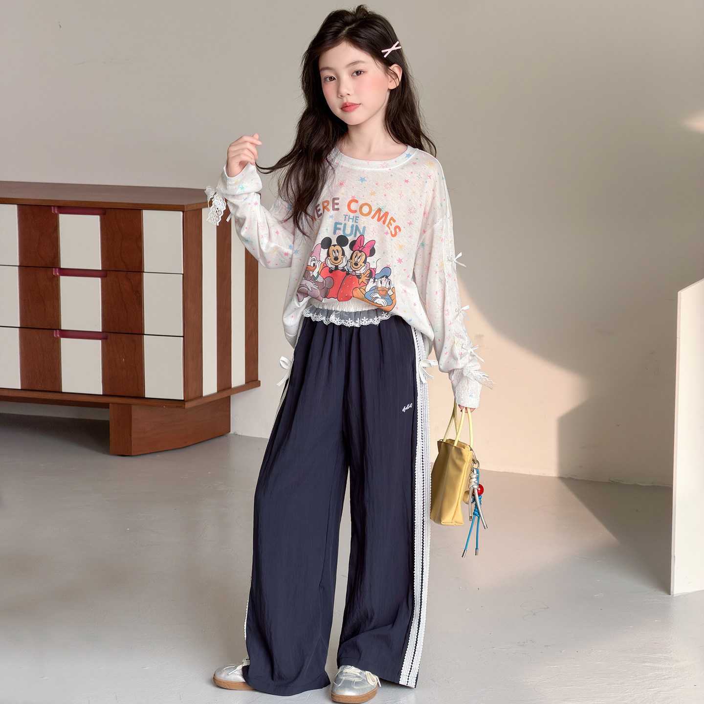 甜美女孩韩系女童T恤2026夏季米奇蕾丝蝴蝶结超薄儿童防晒t上衣