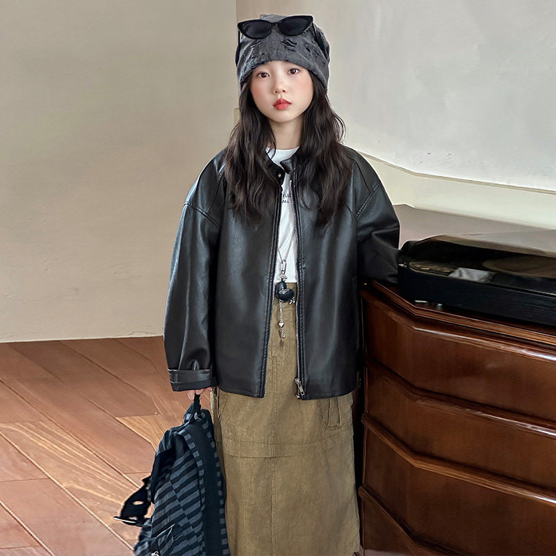 韩系女童春秋皮衣外套洋气2026新款穿搭女大童机车黑色PU皮夹克潮