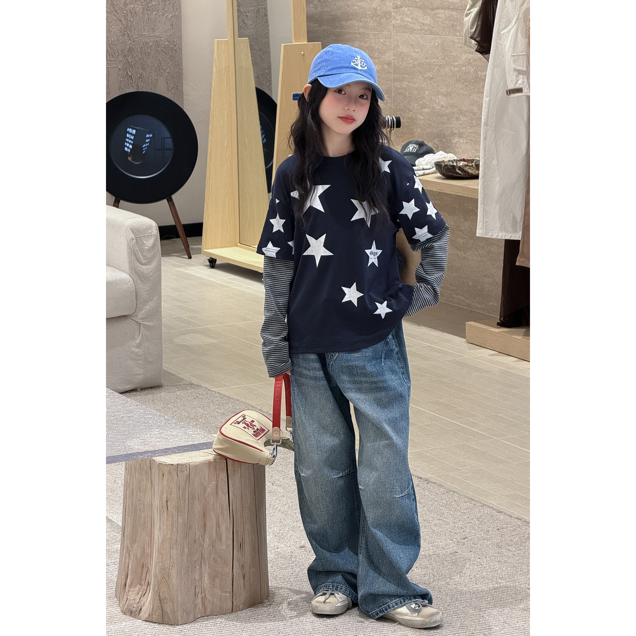 韩系女童星星假两件长袖T恤春秋中大童条纹拼接落肩休闲打底上衣