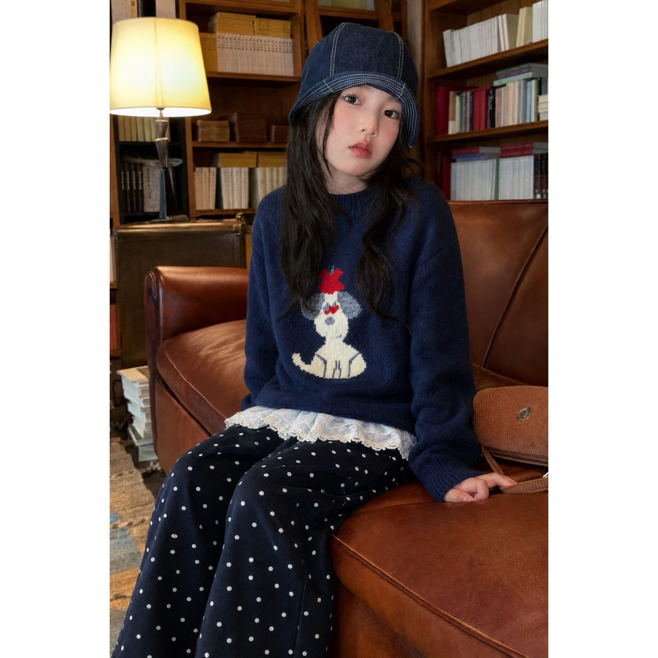 韩系女童狗狗毛衣一体绒卫裤套装2026冬季女孩时髦卡通毛衣波点裤