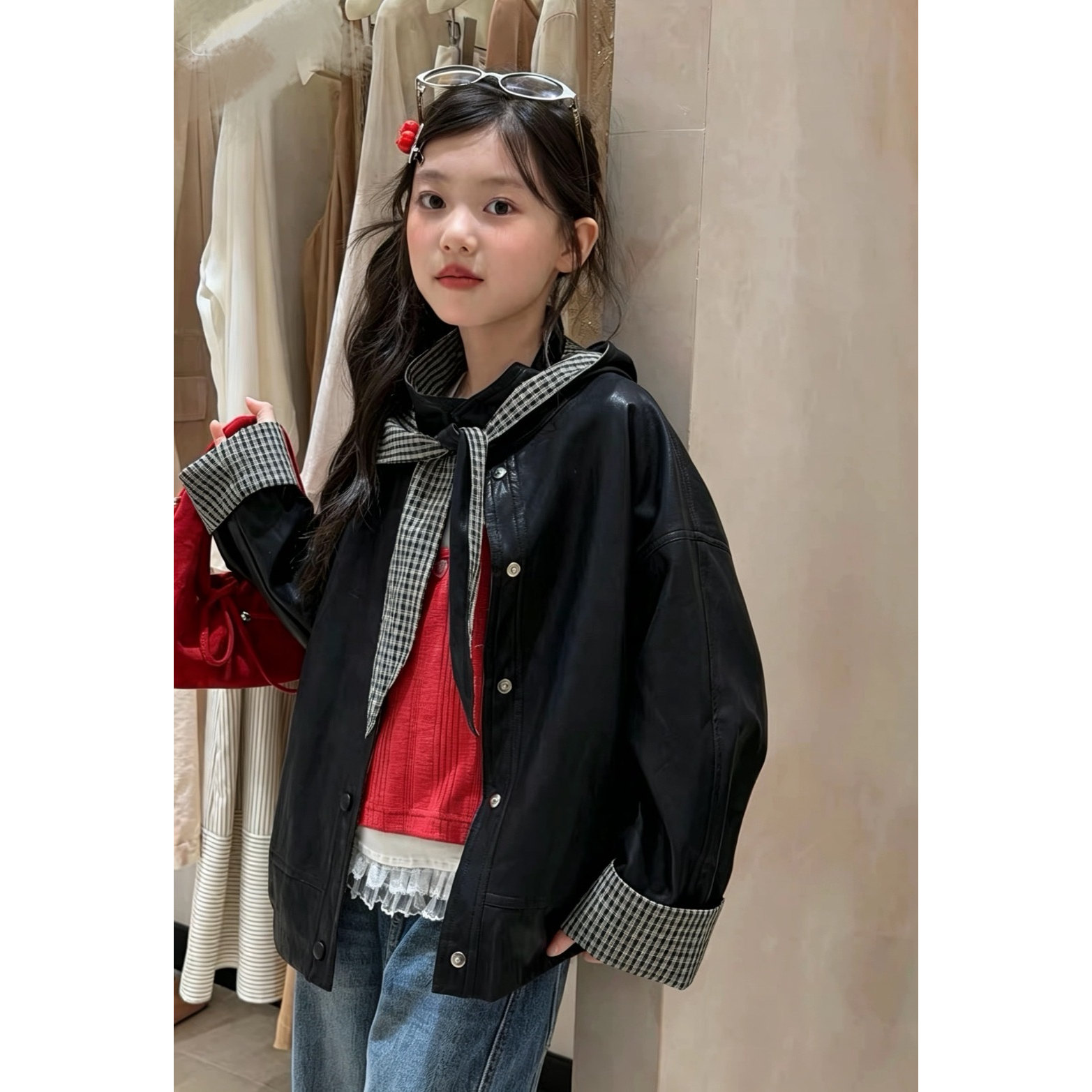 韩系女童时髦外套2026秋季新款儿童秋装洋气拼接女孩皮衣夹克上衣