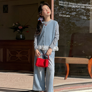 女童蕾丝花边套装春装2026新款儿童洋气韩系针织马甲打底衫三件套