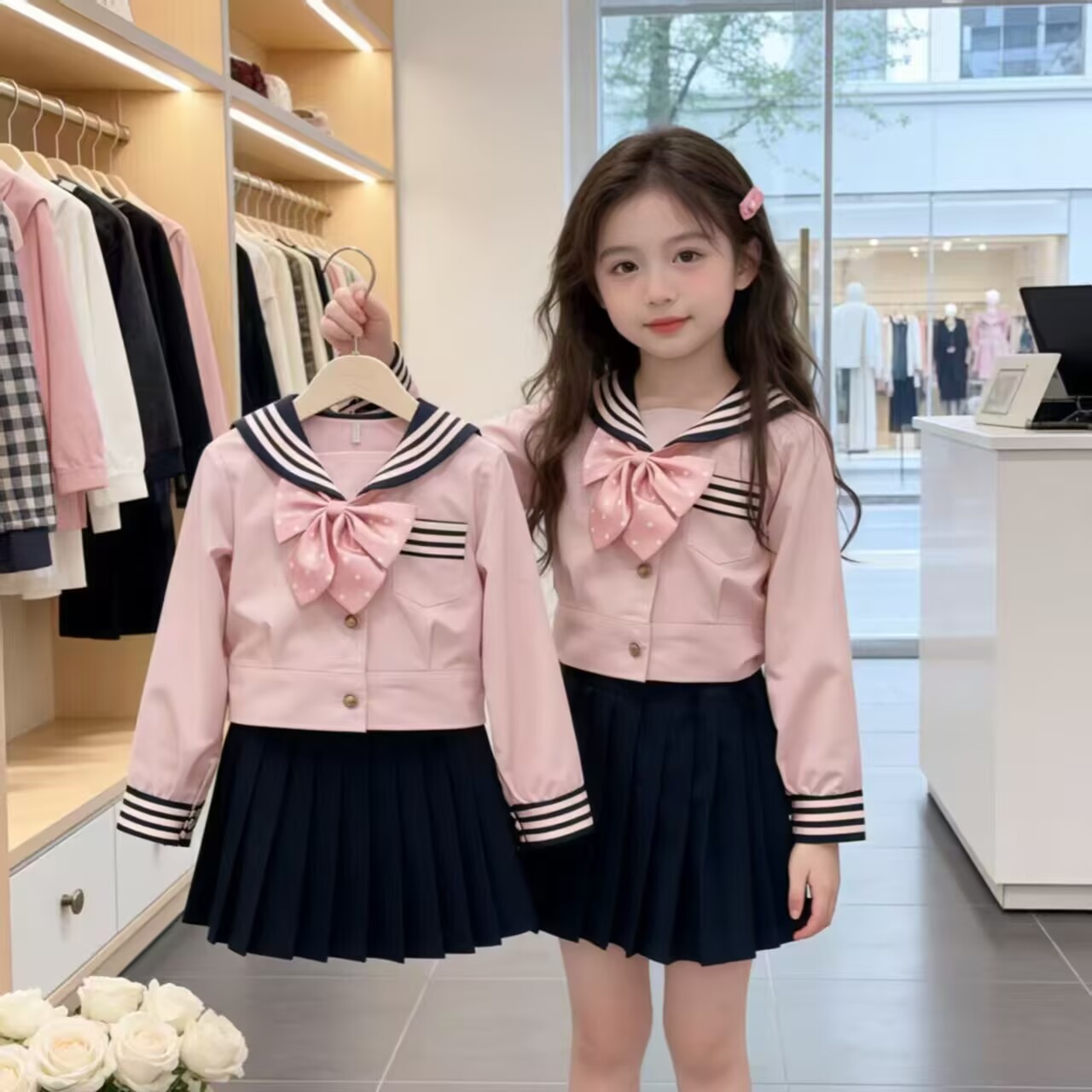 女童学院风JK制服套装2026春秋季水手服蝴蝶结百褶裙两件套衣服图片
