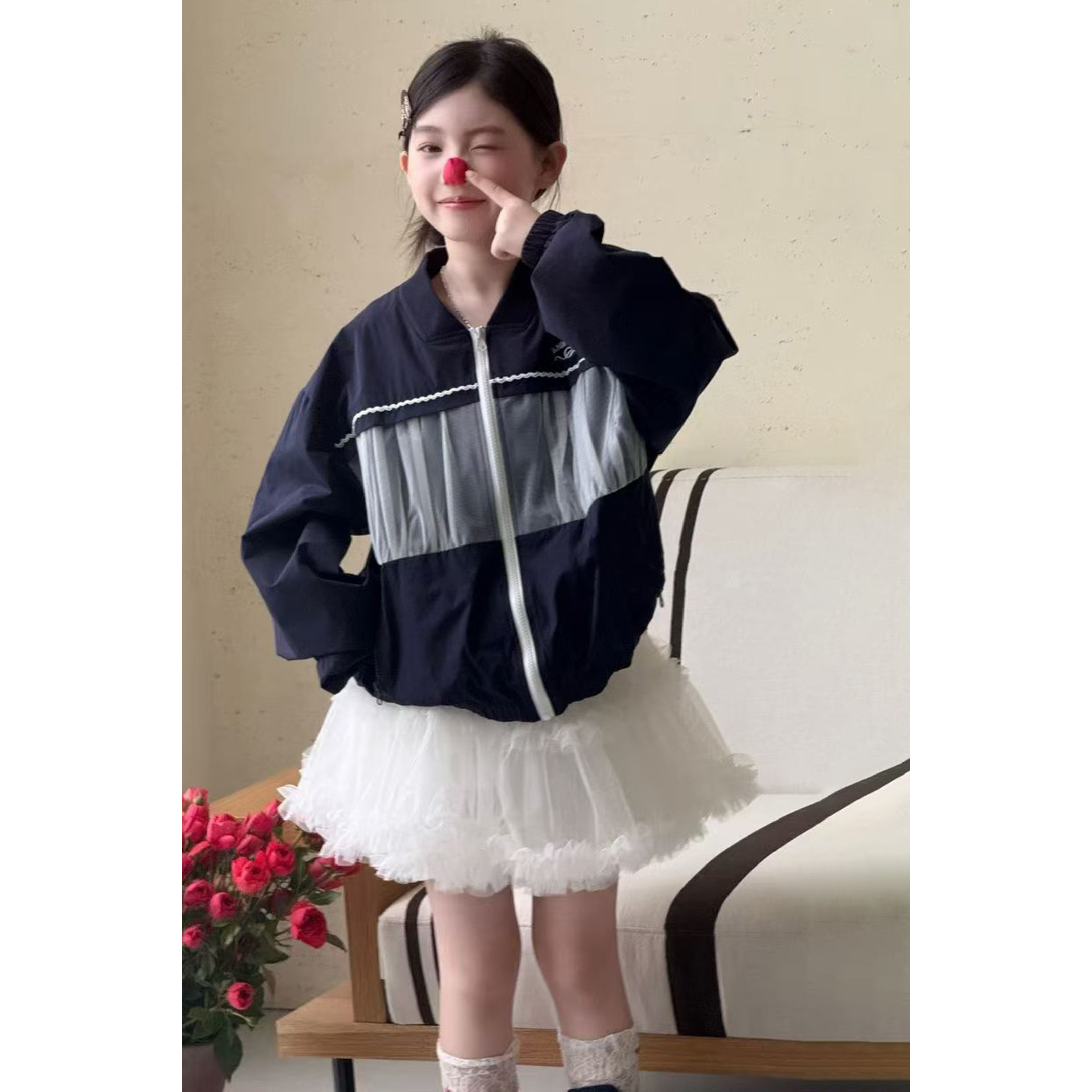 韩系女童时髦外套2026新款秋季中大童拼色网纱花边字母棒球服外套