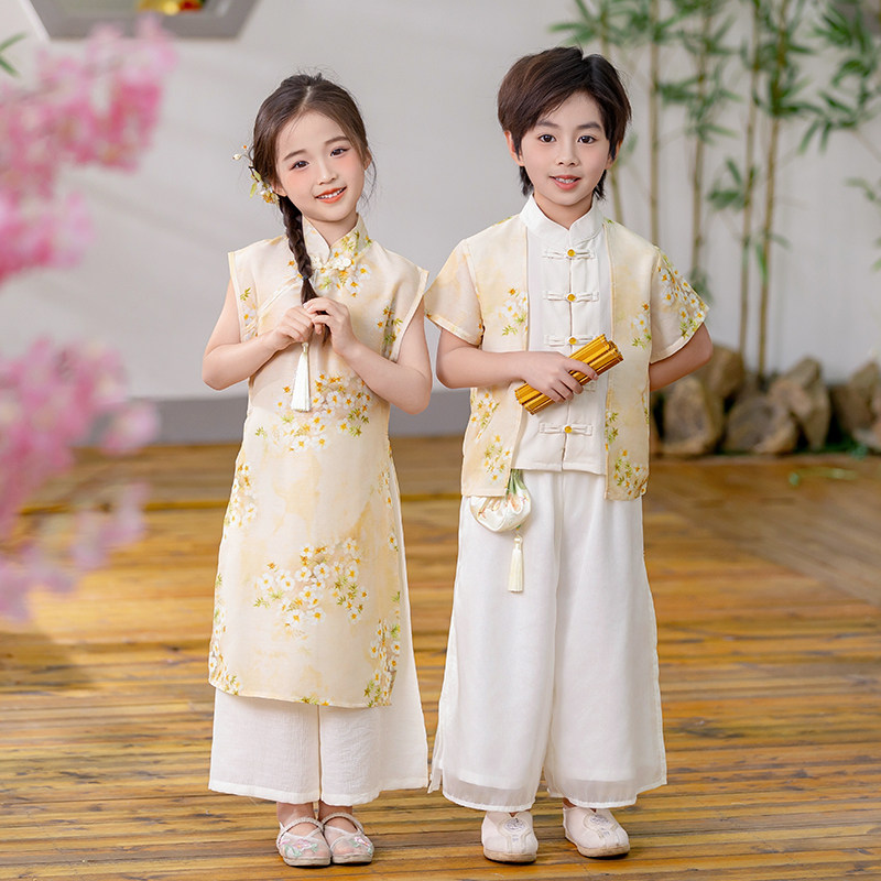 儿童汉服新中式中秋演出服男童帅气古装女孩国风旗袍夏季唐装套装,童装/婴儿装/亲子装,唐装,淘宝优惠券,粉丝福利购,淘宝优惠卷