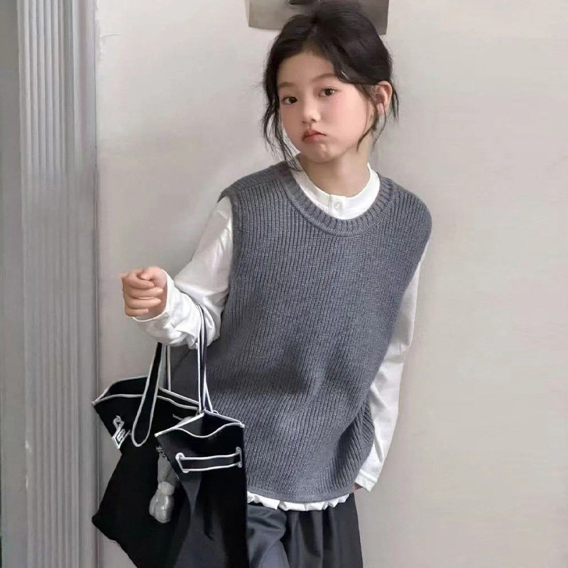 韩国童装2026秋季新款女童套装儿童秋装毛线三件套初中生时髦套装