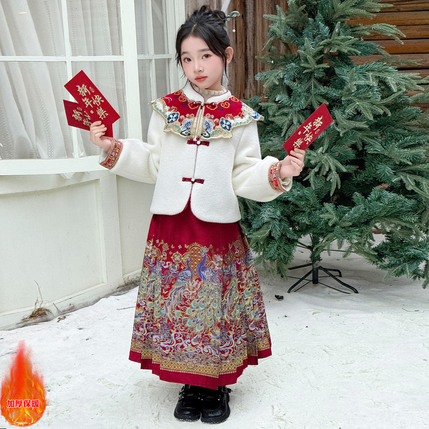 拜年服女童汉服国风加绒马面裙套装冬季儿童装新年唐装女孩新中式