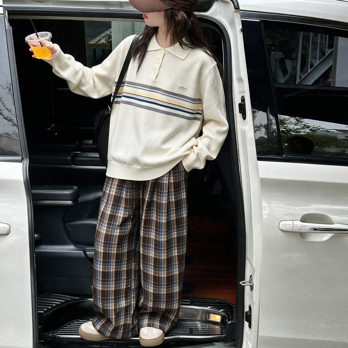 韩系女童秋冬Polo领针织毛衣套装洋气女孩时髦百搭格子阔腿裤套装