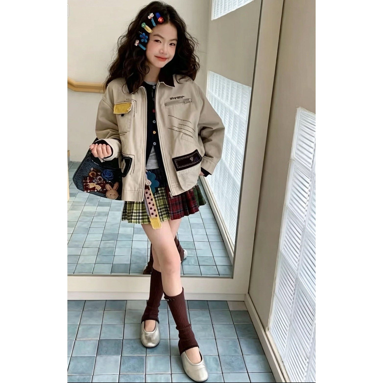 韩系女童翻领贴布工装风外套2026秋季新款儿童毛衫百褶裙三件套潮