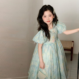 女童连衣裙夏季2026新款法式甜美风泡泡袖碎花长裙高级感公主裙子