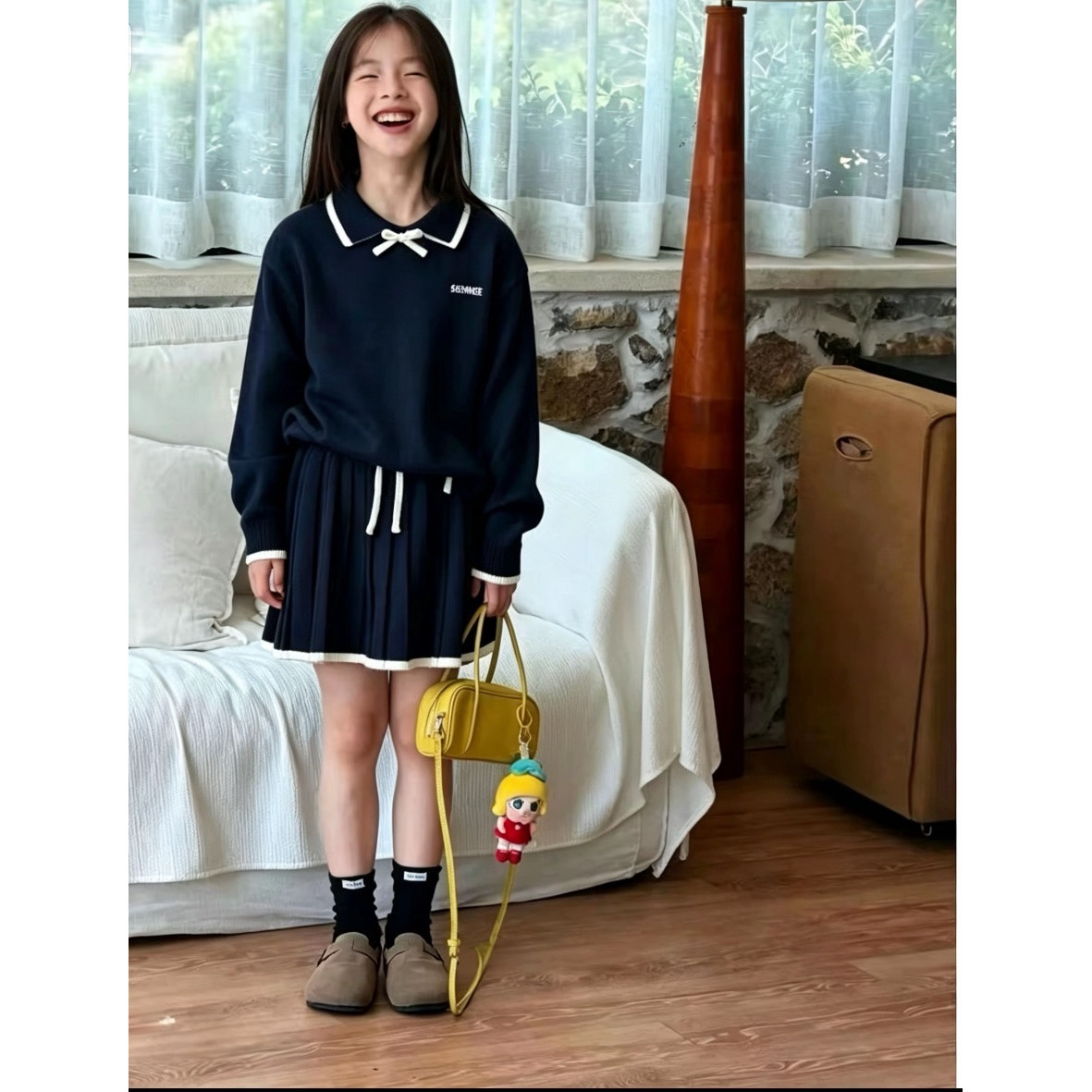 韩系女童针织衫套装2026新款秋季儿童套装蝴蝶结翻领卫衣百褶裙