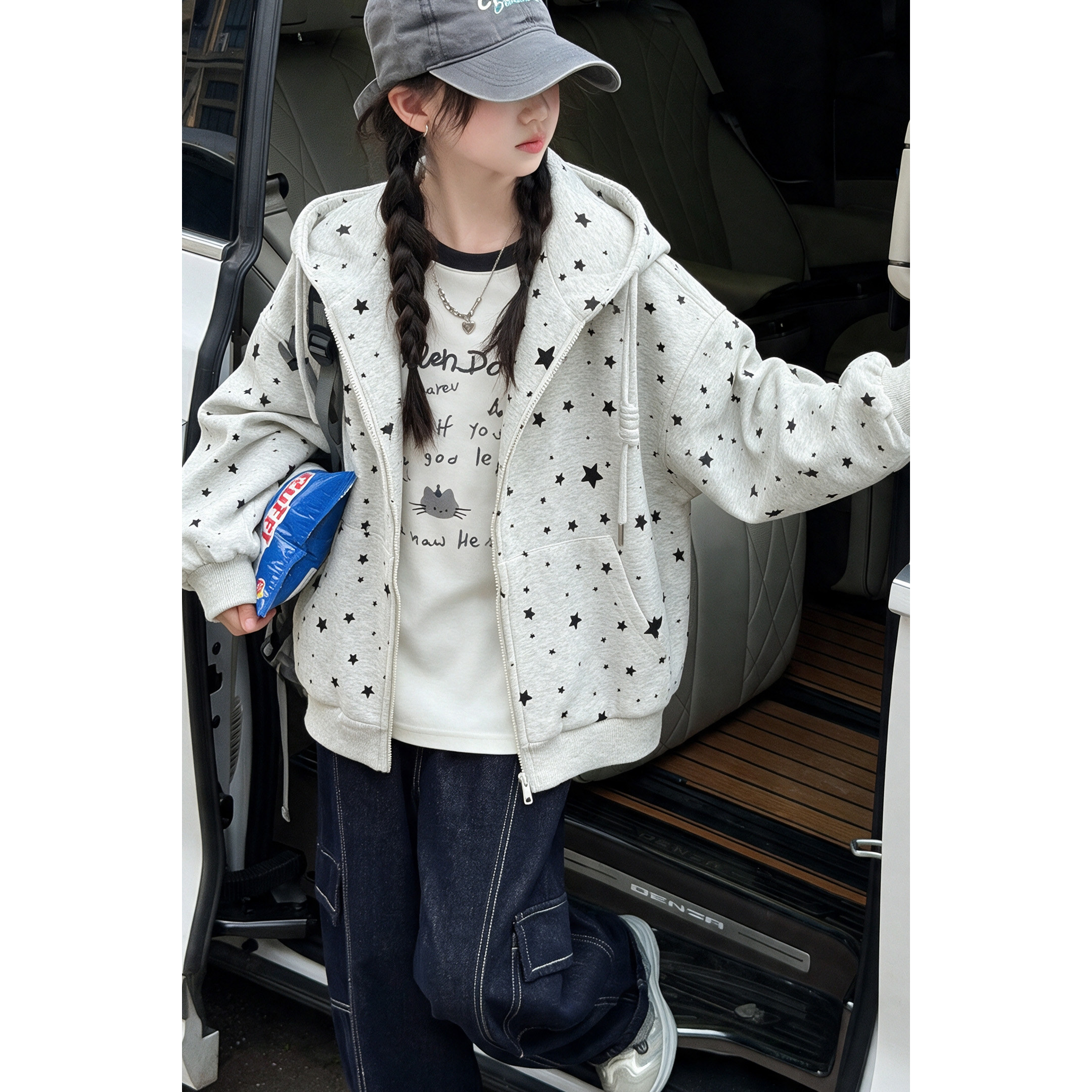 韩系女童连帽星星印花卫衣外套2026秋季新款拉链开衫卫衣百搭上衣