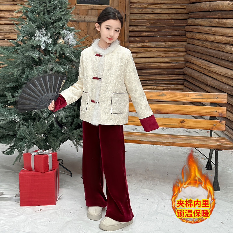 女童加绒红色年服外套冬装可爱风连帽中长款中兔毛加厚棉服毛毛衣