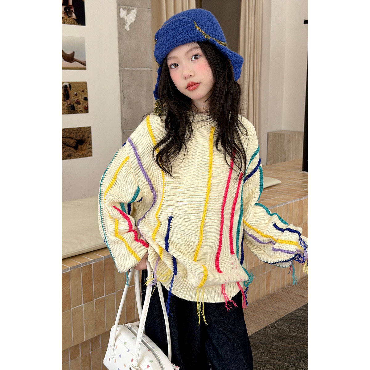 韩系女童彩虹条纹流苏毛衣2026款秋季儿童洋气时髦上衣牛仔裤套装