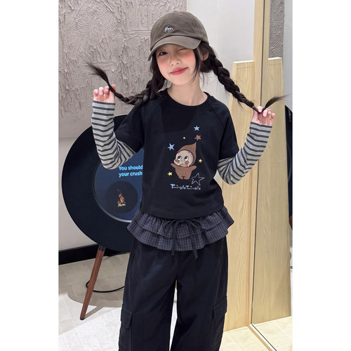 韩系女童甜美打底衫2026秋季新款儿童秋装假两件拼接女孩长袖T恤