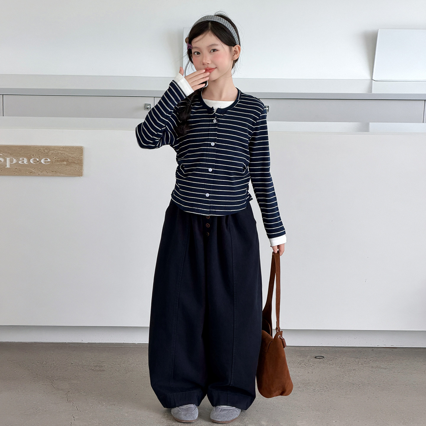 韩系女童假两件条纹开衫套装2026秋季新款儿童阔腿休闲裤子两件套