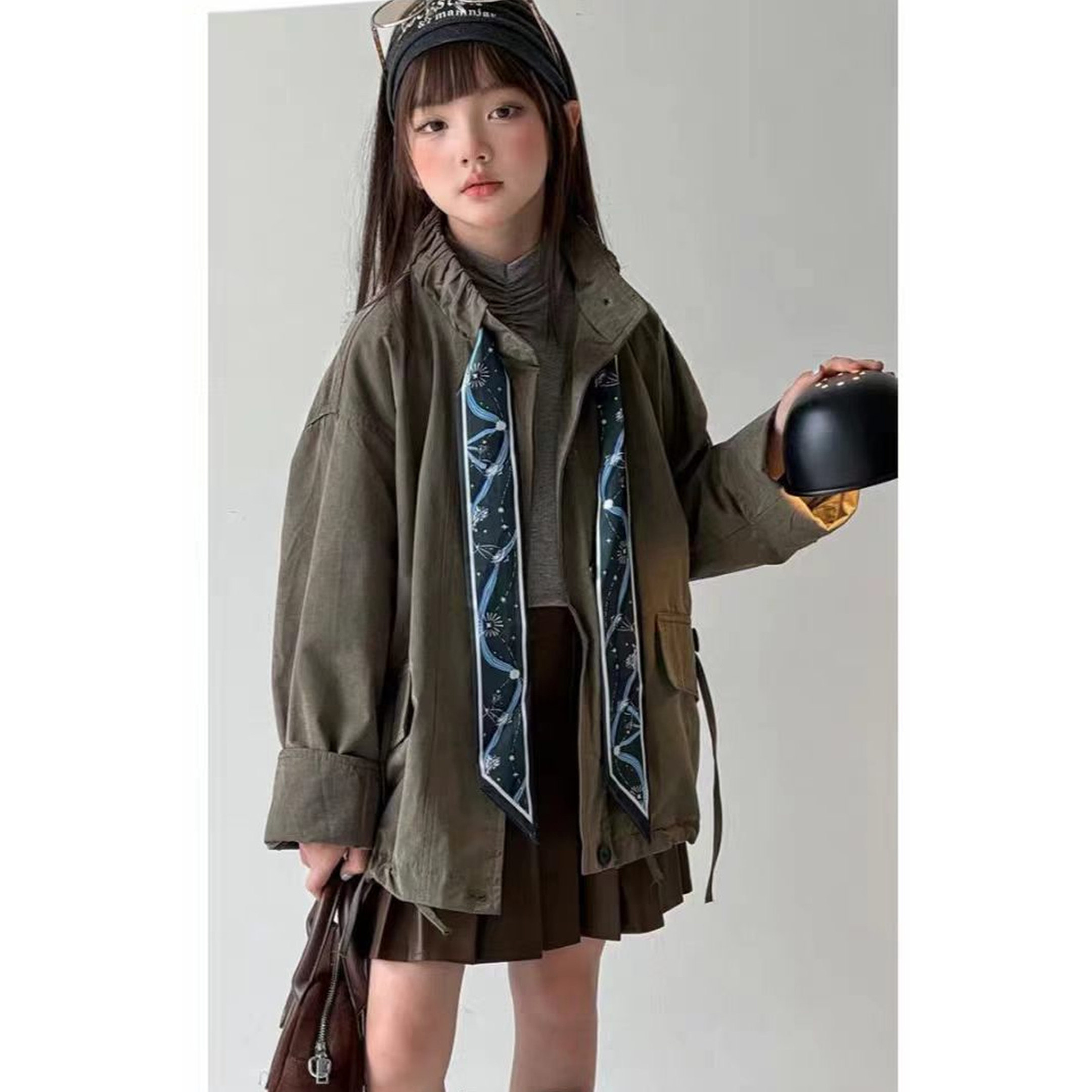 女明星同款工装风立领飘带中长款风衣2026新款外套宽松军绿色上衣