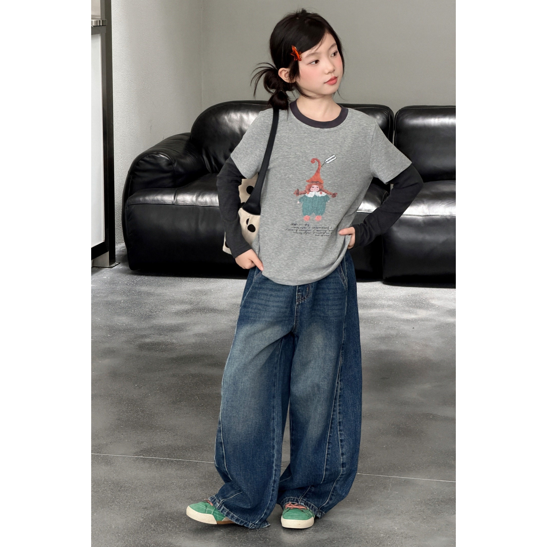 韩系女童打底衫春秋2026新款儿童卡通假两件长袖阔腿牛仔裤两件套
